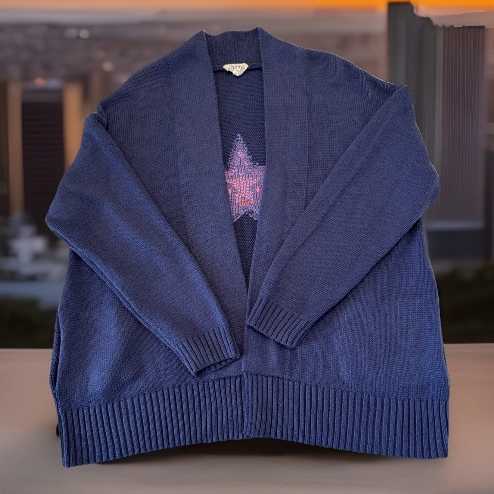 Candace cameron bure Woman's Size L Open Sweater Collared Blue Novelty Cardigan